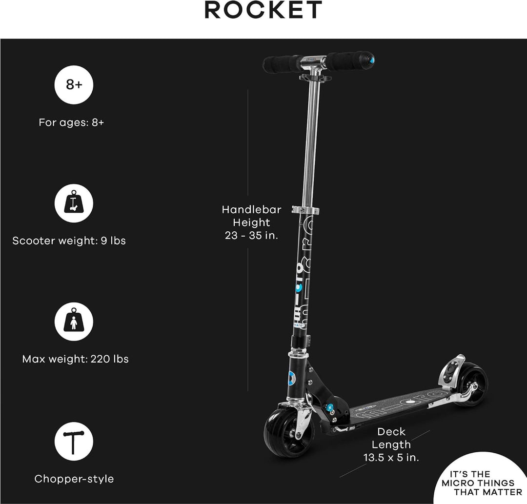 Micro Rocket Scooter Jungen/Mädchen ab 8 Jahren Schwarz, Schwarz