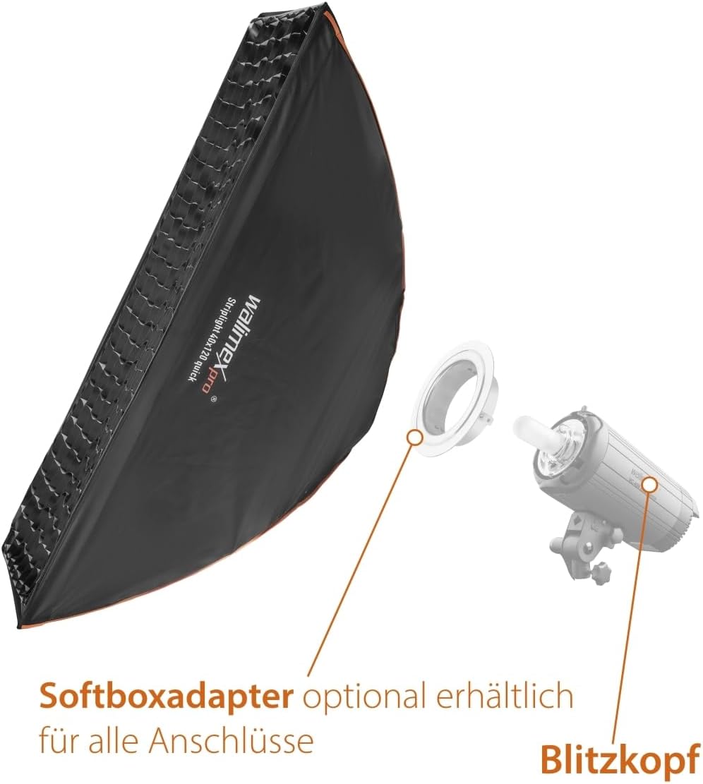 Walimex pro Studio Line Striplight SB QA – Softbox Streiflicht, Fläche 40x120cm, 49,5cm tief, faltba