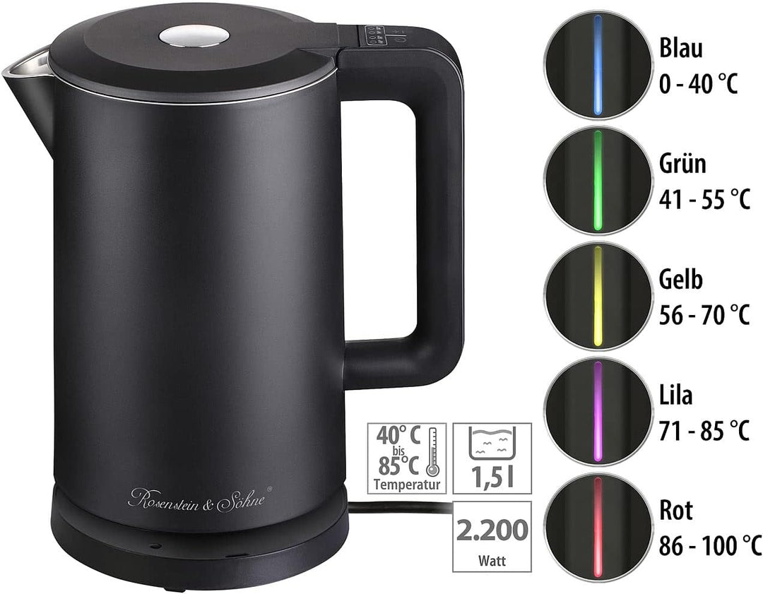 Rosenstein & Söhne Design-Wasserkocher: Edelstahl-Wasserkocher, Temperaturwahl, Warmhaltefunktion, L