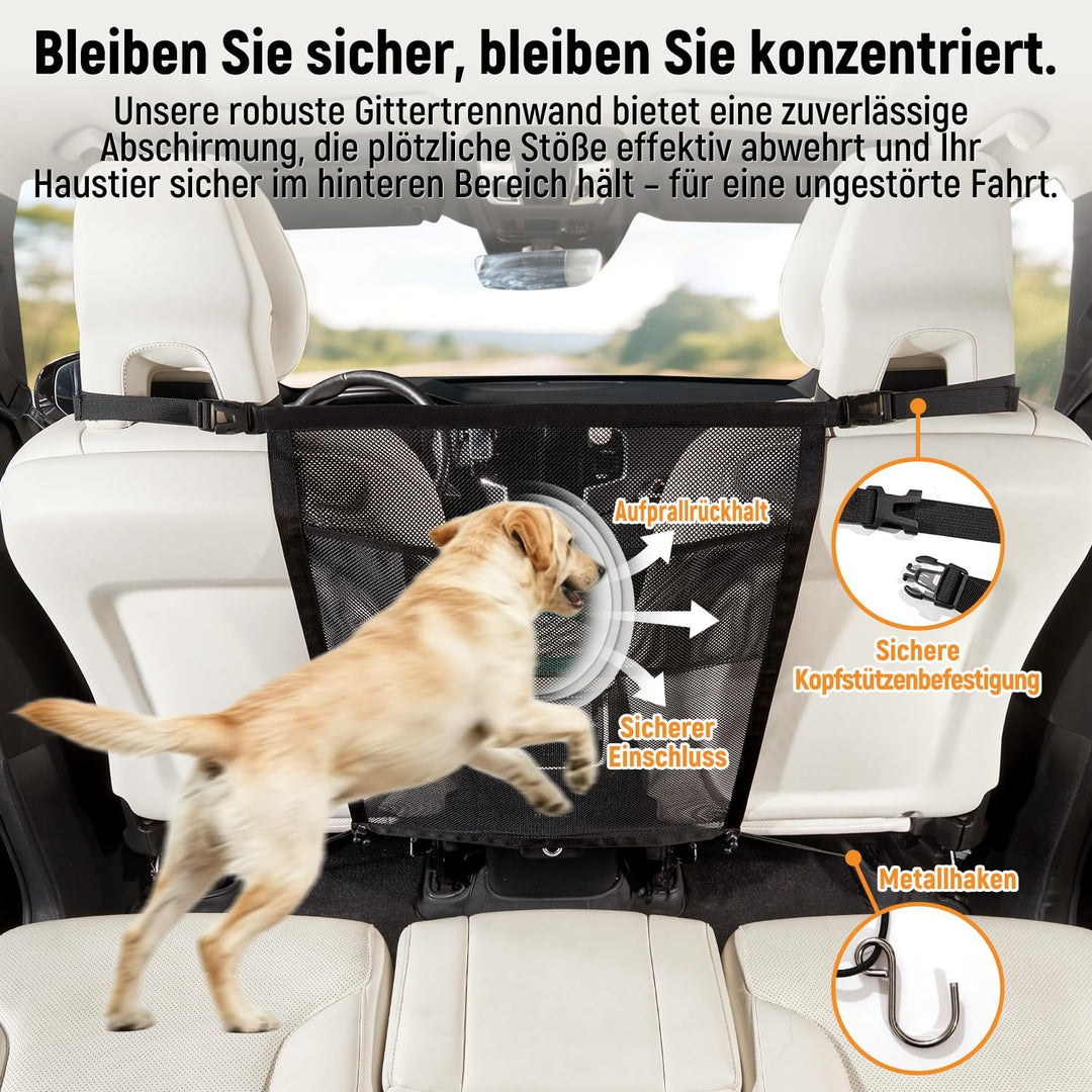 Hundegitter Auto Mit Aufbewahrungstaschen Trennnetz Hund - Hundenetz für Vordersitz, Sicherheitsbarr