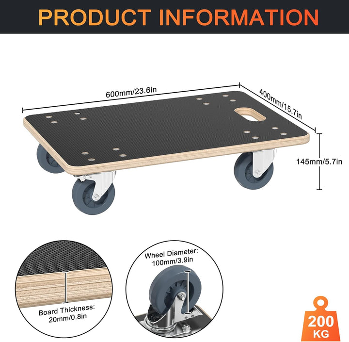 2 Stück 60x40 cm Transportroller mit Bremse 200 kg Tragkraft 2er-Pack, 2er-Pack