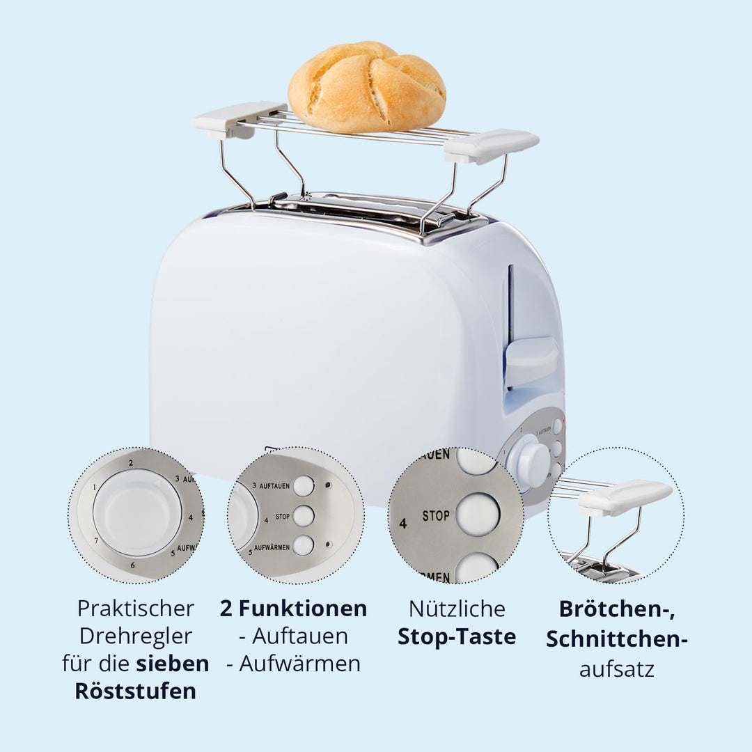 KHG Toaster TO-755 W | Toaster 2 Scheiben Weiss 750 W | mit Brötchenaufsatz, 7 Bräunungsstufen mit B