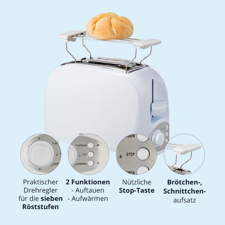 KHG Toaster TO-755 W | Toaster 2 Scheiben Weiss 750 W | mit Brötchenaufsatz, 7 Bräunungsstufen mit B