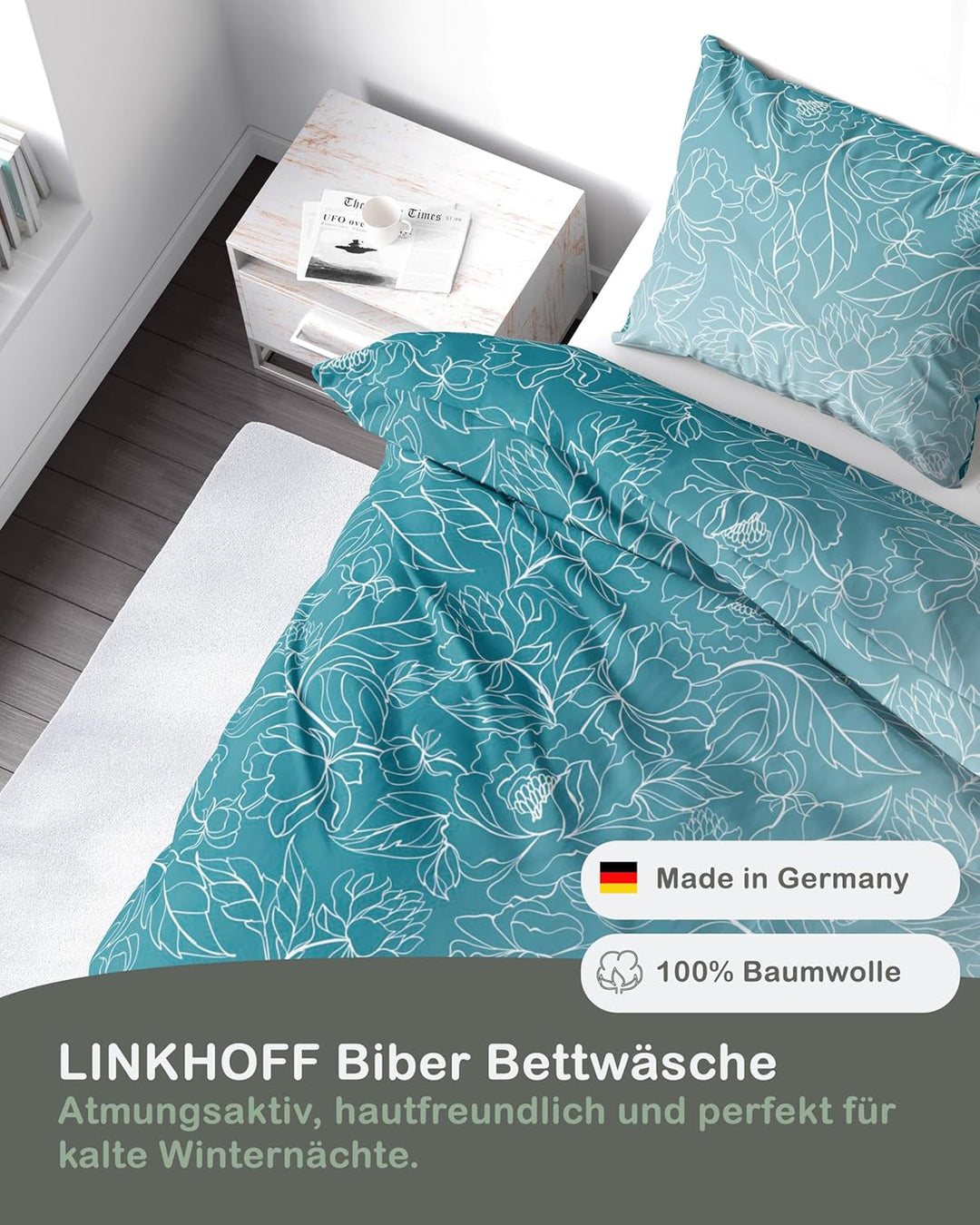 Biber Bettwäsche Set 2tlg 135 x 200cm - Winterbettwäsche Blumen Ranken-Motiv in Türkis Weiss - Fein-