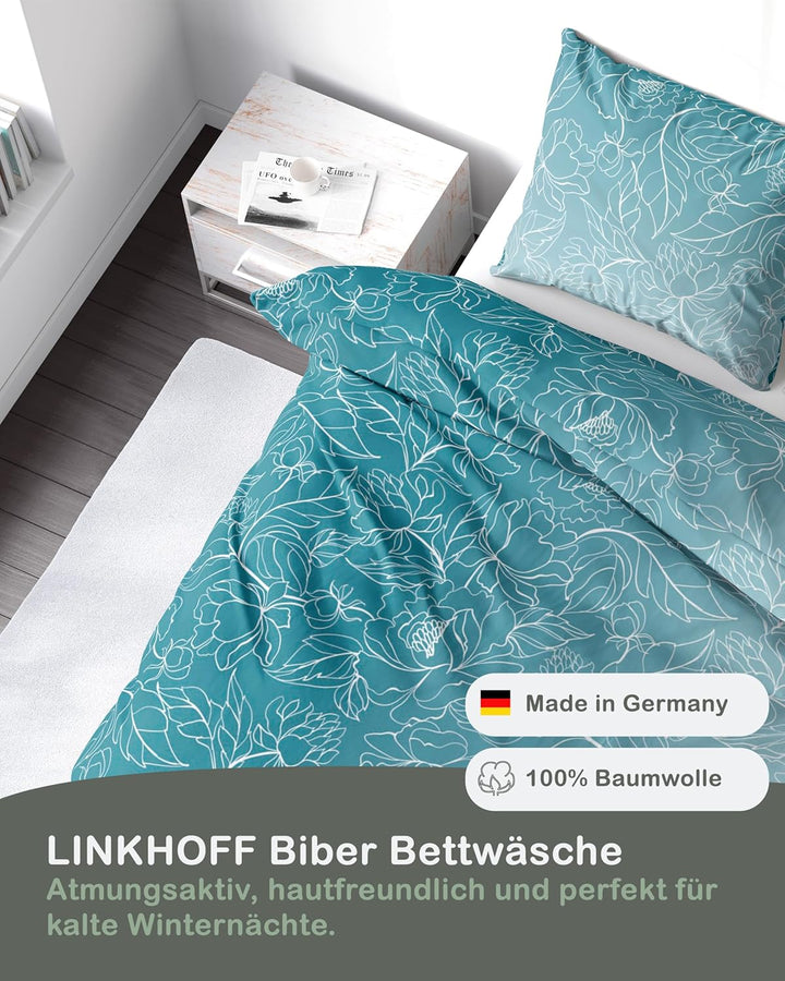 Biber Bettwäsche Set 2tlg 135 x 200cm - Winterbettwäsche Blumen Ranken-Motiv in Türkis Weiss - Fein-