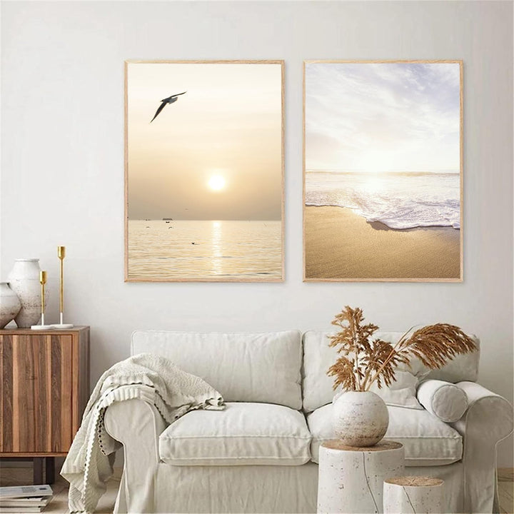 SWECOMZE 3er Poster Set Wohnzimmer - Bilder Deko Schlafzimmer - Sonnenuntergang Strand Stilvolle Wan