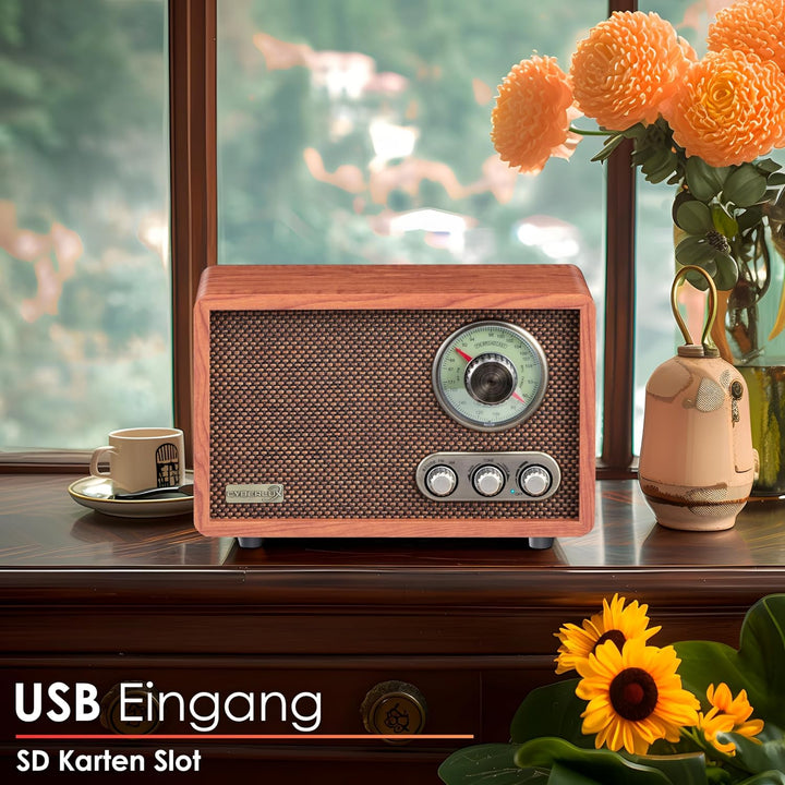 Nostalgie Kompaktanlage | Radio Holz mit Bluetooth | USB | SD Karten Slot | FM/AM | Musikanlage Retr