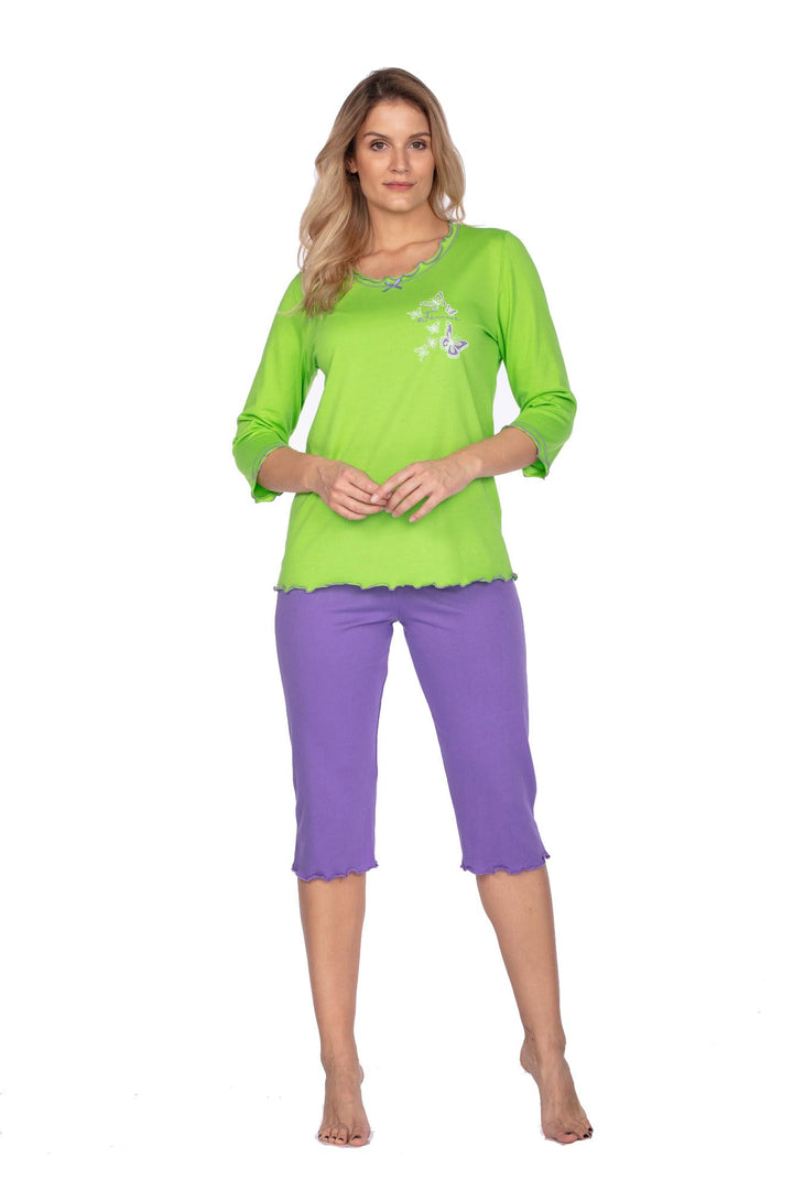e.FEMME® Damen Schlafanzug 259 aus Baumwolle und Modal 38 Grün/Lila, 38 Grün/Lila