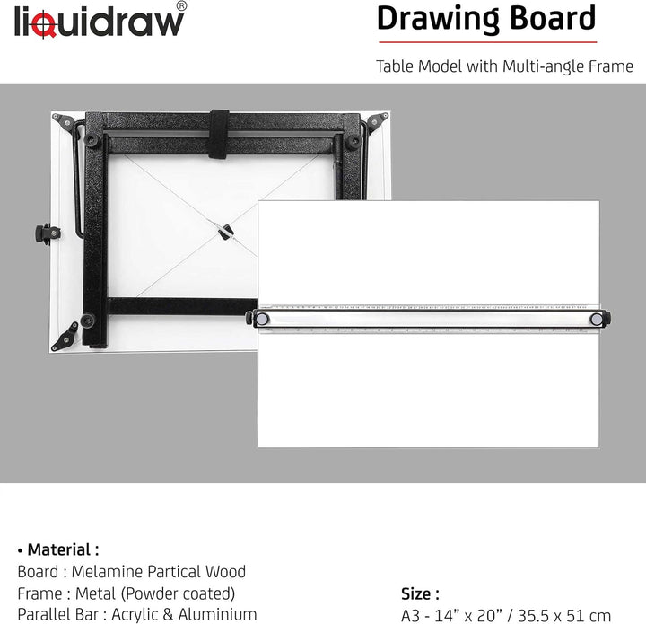 Liquidraw TTM03 Zeichenbrett, A3, mit 5 einstellbaren Arbeitswinkeln, Clips und quadratischem Quadra