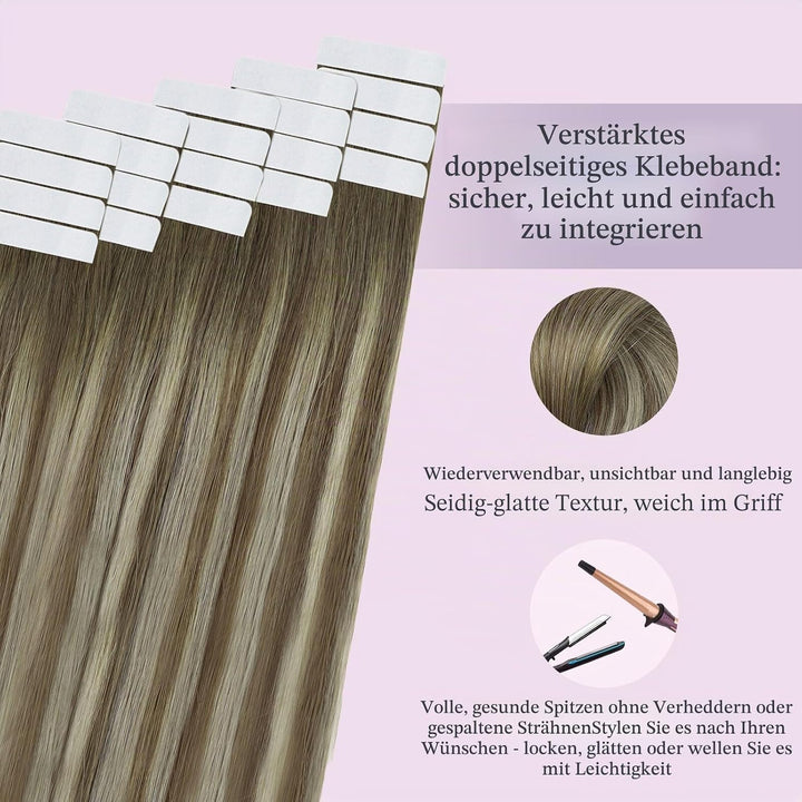 Fshine Tape Extensions Echthaar 55cm 50 Gramm Extension Dunkelbraun Mittelbraun Balayage Mittelblond