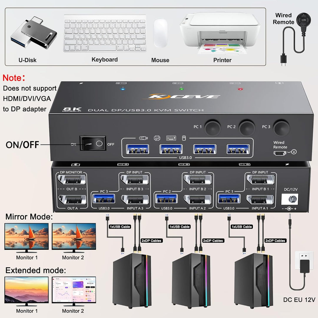 USB 3.0 KVM Switch 3 PC 2 Monitore Displayport 4K@144Hz, KVM Switch Dual Monitor Displayport 1.4 für