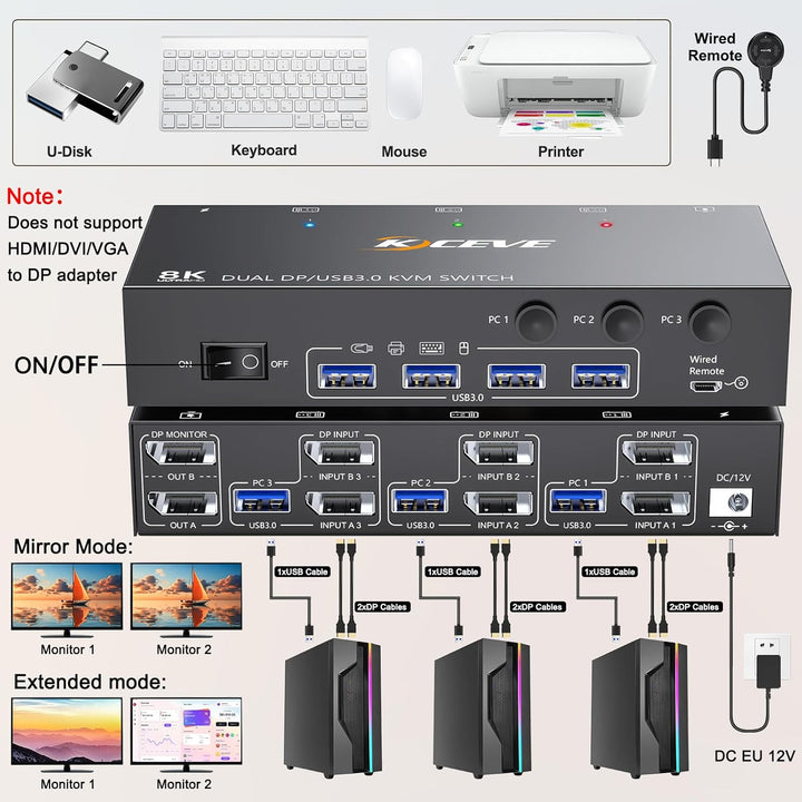 USB 3.0 KVM Switch 3 PC 2 Monitore Displayport 4K@144Hz, KVM Switch Dual Monitor Displayport 1.4 für
