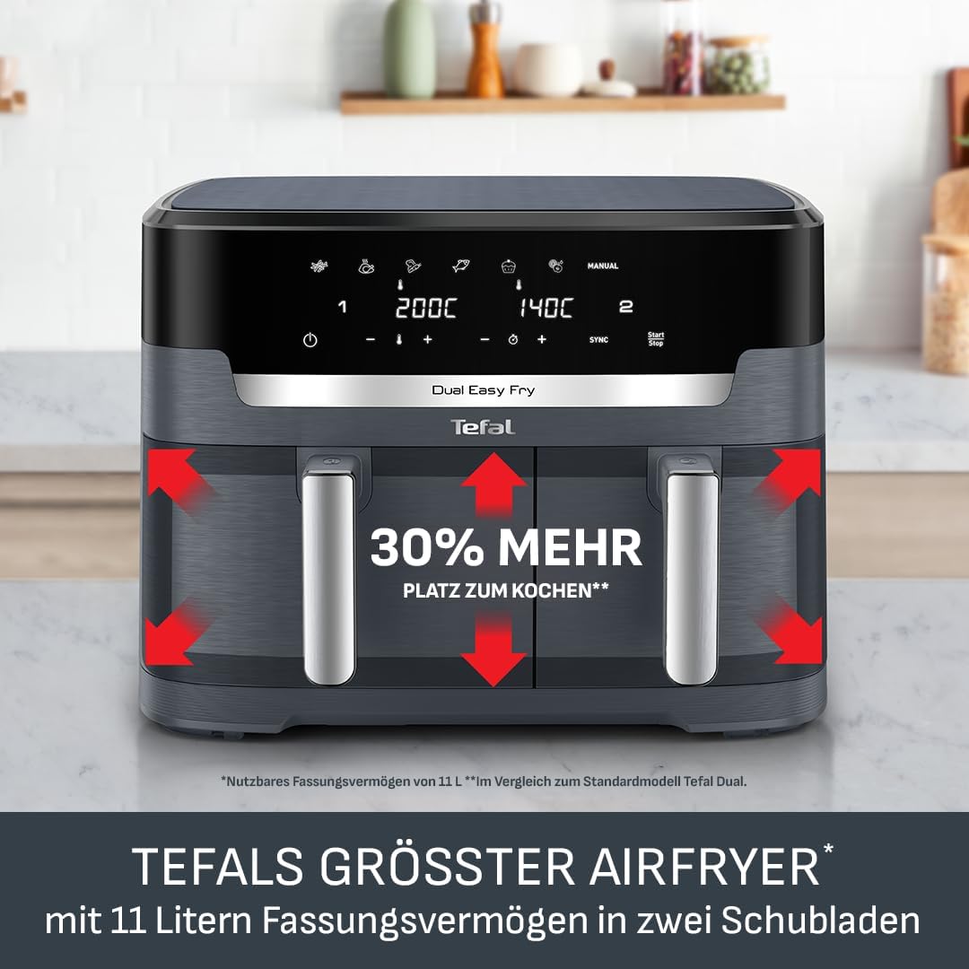 Tefal Dual Easy Fry XXL Heissluftfritteuse 11 L – Airfryer mit 2 Kammern (Doppelkammer), 7 Programme