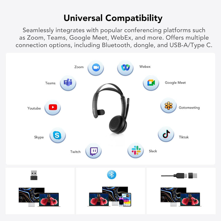 Nuroum HP31SU(2nd Gen) Bluetooth Headset mit Mikrofon Wireless, AI Geräuschunterdrückende Mics für A