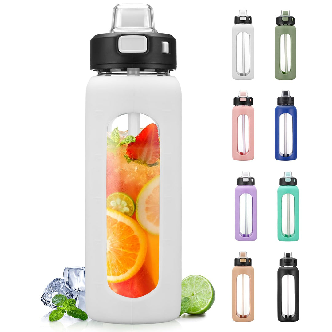 BLUEGO 700ml Trinkflasche Glas mit Strohhalm und Griff Auslaufsichere Wasserflasche mit Silikonhülle