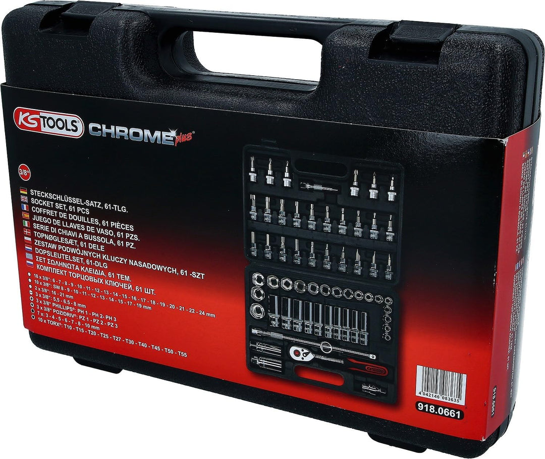 KS Tools 918.0661 3/8 Zoll CHROMEplus Steckschlüssel-Satz | inklusive Umschaltknarre, 45-Zahn | hoch