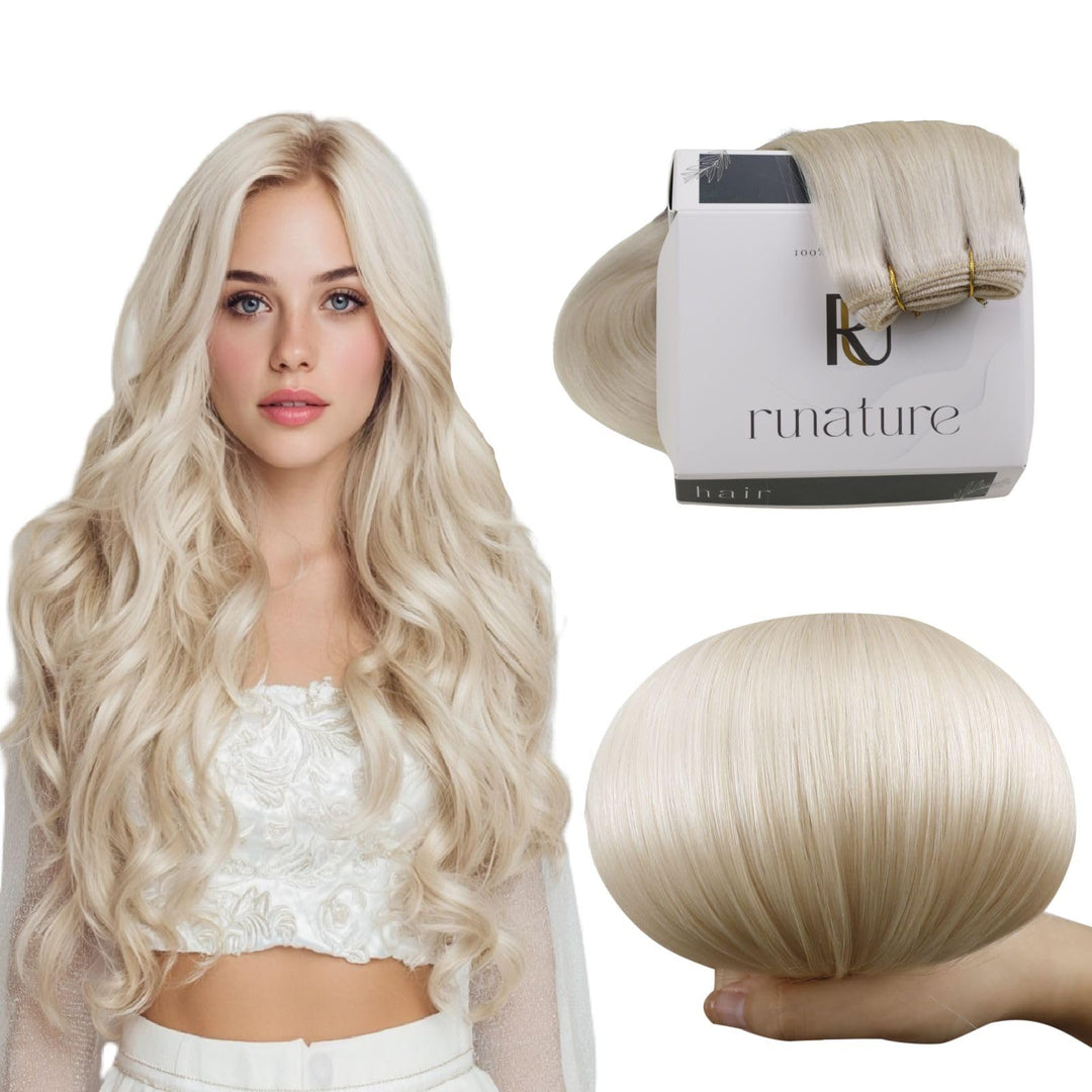 RUNATURE Tressen Extensions Echthaar Weissblond Glatt Echthaar Tressen Zum Einnähen Weisse Blondine