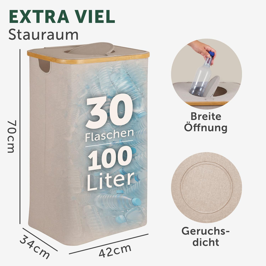 Blumtal Pflandflaschen Sammelbehälter 100L - Bambus Pfandflaschen Organizer mit Pfandflaschen Tasche