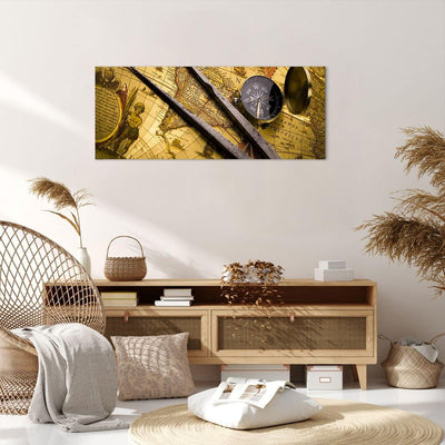 Panorama Bilder auf Leinwand 100x40cm Leinwandbild Kompass Abenteuer Reisen Gross Wanddeko Bild Schl