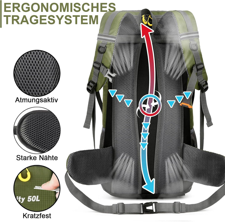 jianyana Wanderrucksack 50L Trekkingrucksack Regenhülle Reiserucksack Wasserdichter Campingrucksack