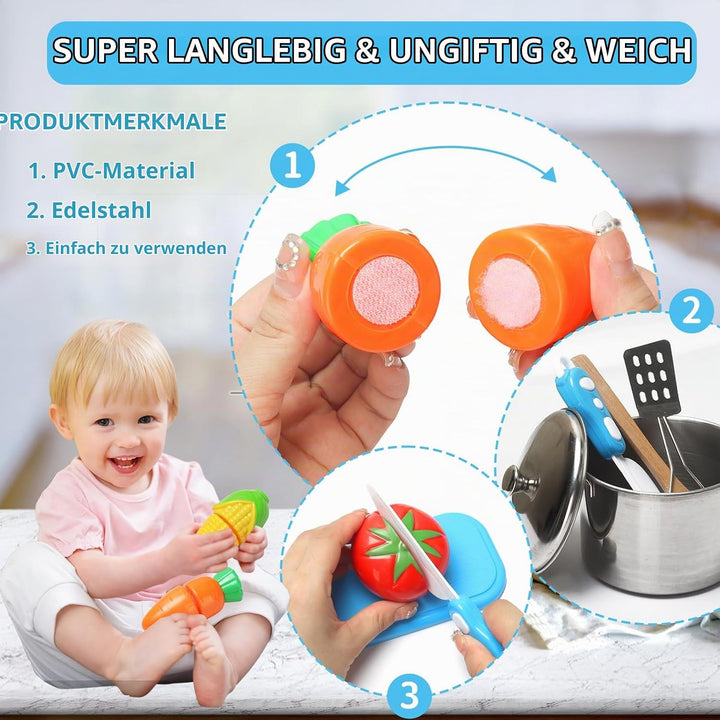 Kinderküche Zubehör 32 Stück Kinderküche Spielküche Zubehör,Lebensmittel Edelstahl Kochset Kinderspi