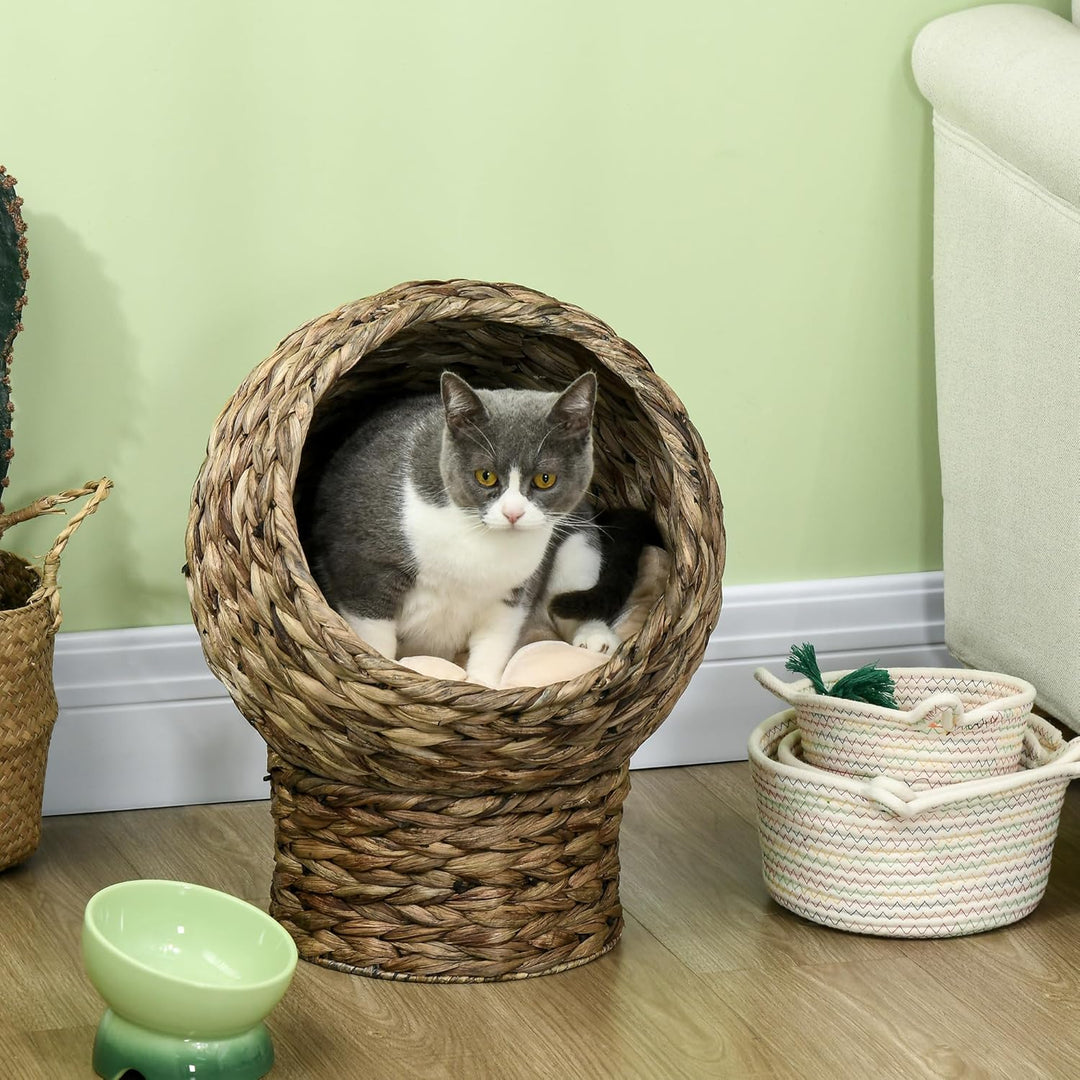 PawHut Rattan Katzenkorb Katzenhöhle Katzenhütte Katzenbett mit Kissen Haustierbett Wasserhyazinthe