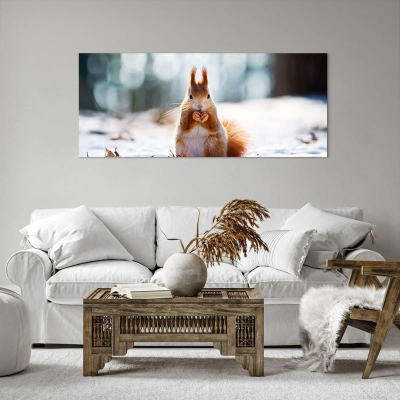 Wandbilder Dekoration Wohnzimmer Eichhörnchen Winter Schnee Essen Panorama Bilder auf Leinwand 120x5