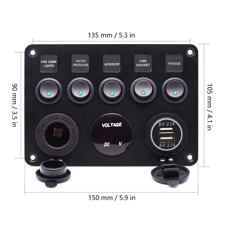Etrogo 5 Gang Kippschalter Panel mit Dual USB Steckdose ät 4.2A + Wasserdicht LED Voltmeter +Zigaret