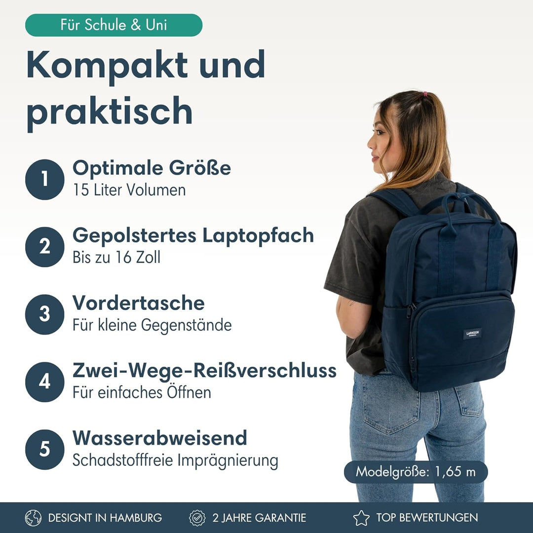 LARKSON Rucksack Damen & Herren - No 6 - Daypack mit 16 Zoll Laptopfach - Rucksäcke für City Schule