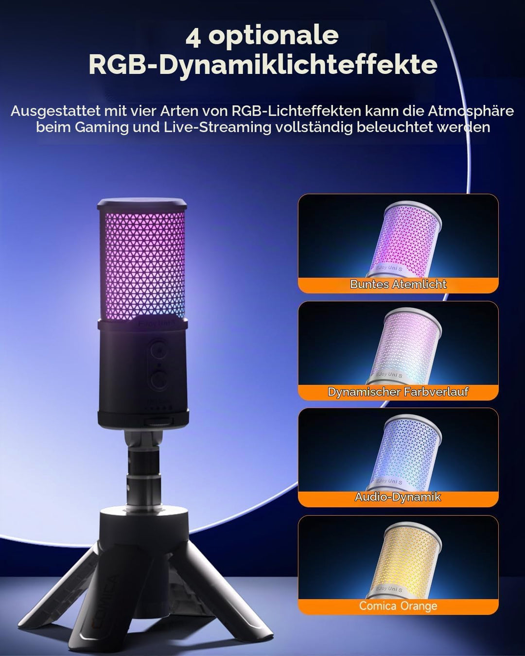COMICA Ejoy Uni S USB Gaming Mikrofon mit RGB, 48kHz/24Bit, Noise Cancellation Kardioid-Kondensator