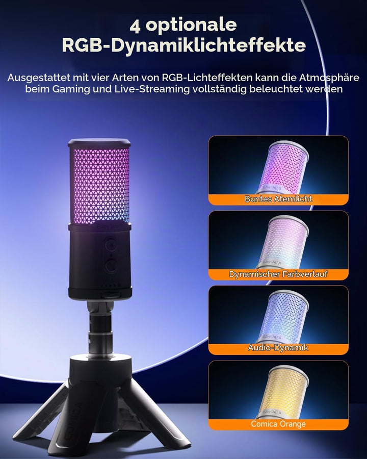 COMICA Ejoy Uni S USB Gaming Mikrofon mit RGB, 48kHz/24Bit, Noise Cancellation Kardioid-Kondensator