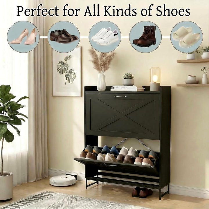 VOWNER schmal Schuhschrank 2 Klappen, verstellbar Schuhregal Schuhkipper, platzsparend Schuhablage f