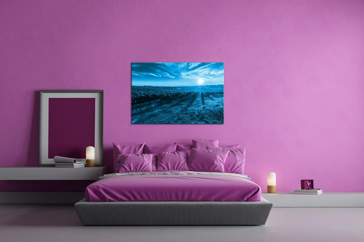 Traubenfeld in der Toskana Format 100x70 Effekt: Monocrome Blau als Leinwandbild, Motiv fertig gerah