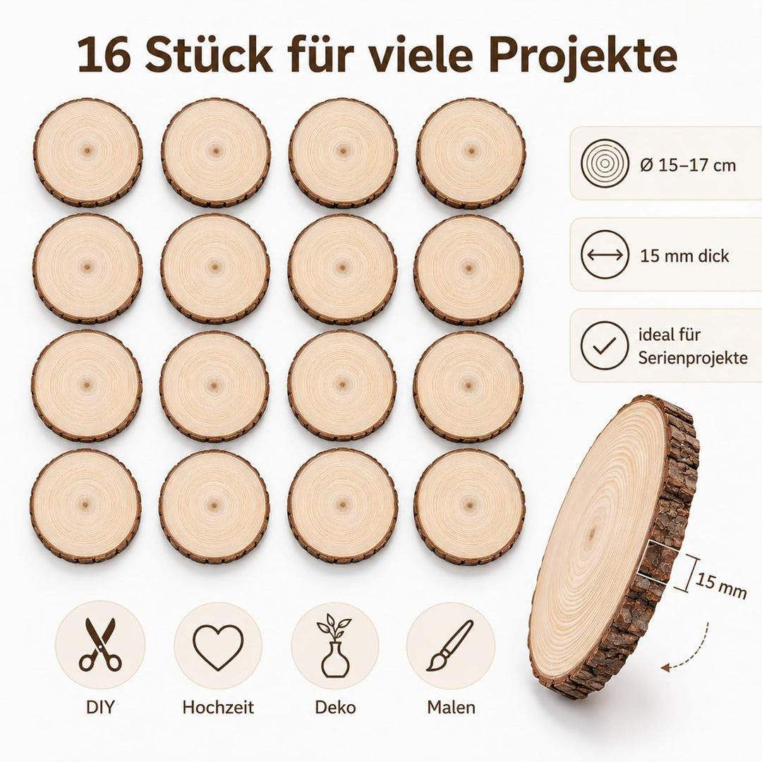 Holzscheiben 16er Set 15-17 cm Runde Baumscheiben ohne Loch – Unbehandelte Holz Log Scheiben aus Kie