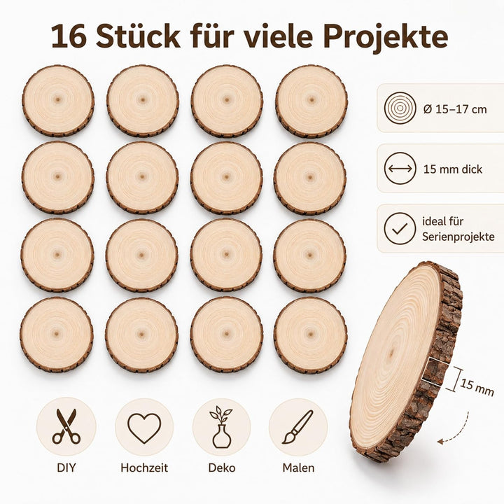 Holzscheiben 16er Set 15-17 cm Runde Baumscheiben ohne Loch – Unbehandelte Holz Log Scheiben aus Kie