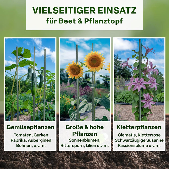 TTL GARDEN Rankstäbe 20er Set 150 cm x 11mm Ø grün + Klettband &amp; Clips | - Rankhilfe Pflanzstäbe Sta