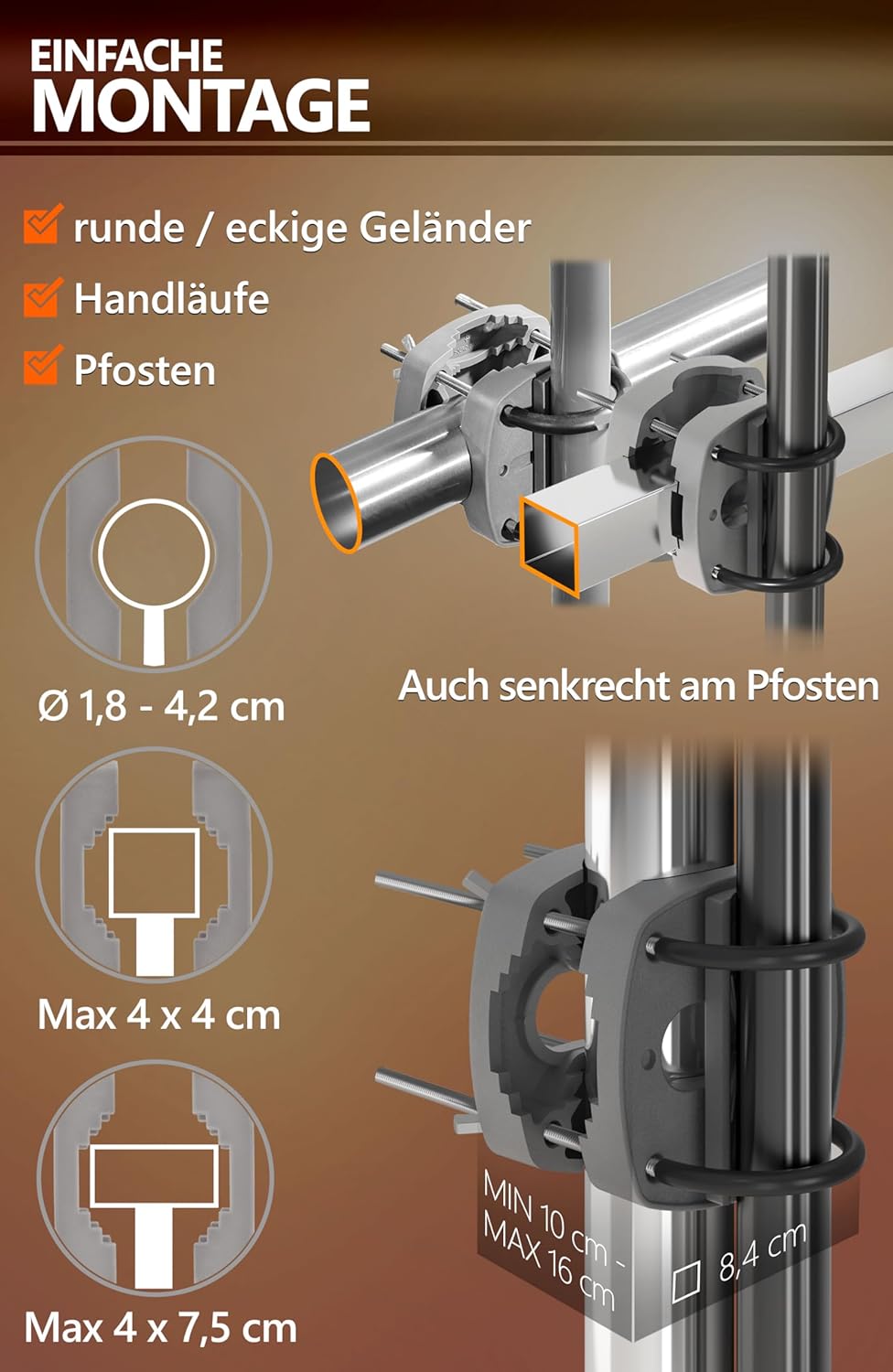 4smile Sonnenschirm Balkon SunnyJoy im 3er-Set - UPF 50+ Balkon Schirm 160 cm + Sonnenschirmhalter B