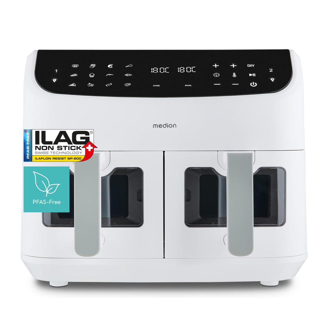 MEDION P20 XXL Heissluftfritteuse mit 2 Kammern (8,7 Liter, Airfryer, 2.600 Watt, Doppelkammer, 10 A