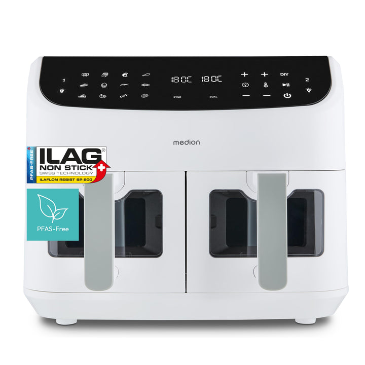 MEDION P20 XXL Heissluftfritteuse mit 2 Kammern (8,7 Liter, Airfryer, 2.600 Watt, Doppelkammer, 10 A
