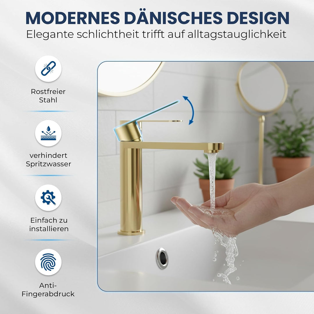 Tarnby Wasserhahn Bad – Waschtischarmatur 17,3 cm, Waschbeckenarmatur Messing Glänzend, Anti-Fingerp