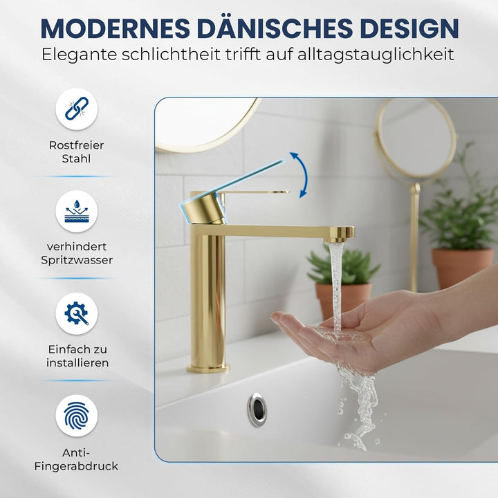 Tarnby Wasserhahn Bad – Waschtischarmatur 17,3 cm, Waschbeckenarmatur Messing Glänzend, Anti-Fingerp