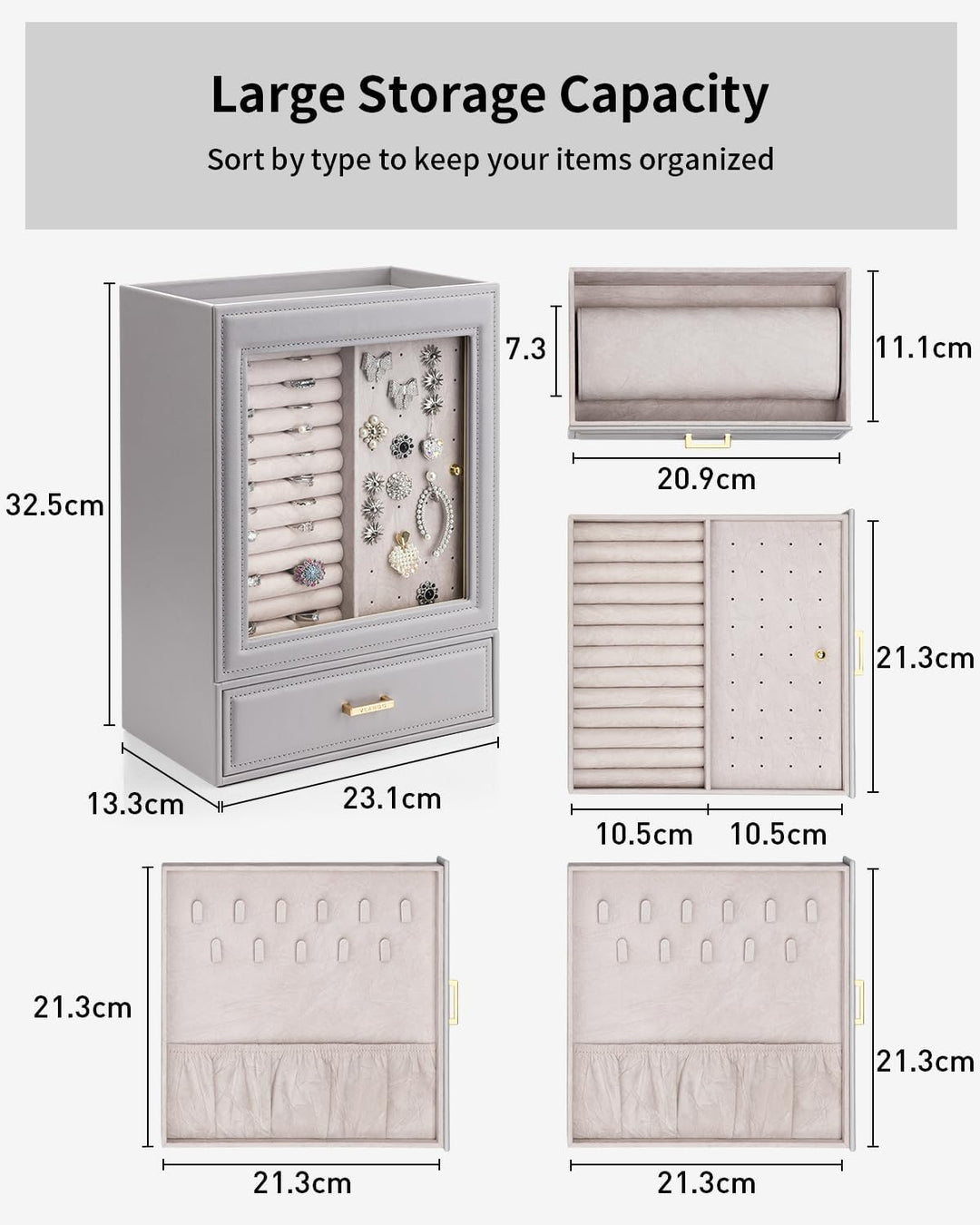 Vlando Schmuckaufbewahrung Schmuckschrank 5 Ebenen, Schmuckkasten mit Glasdeckel, Schmuckkästchen Gr