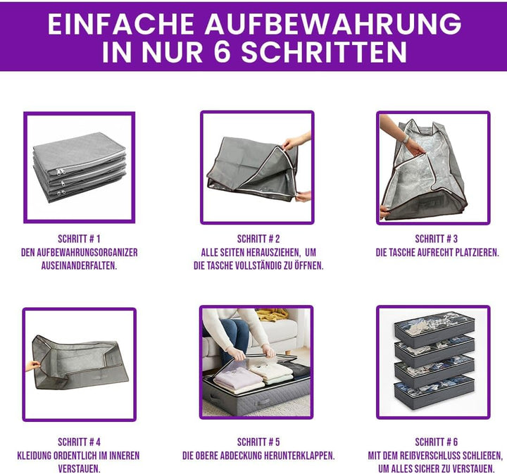 Unterbett Aufbewahrungsbox 90L (4er Set) mit ZUSÄTZLICHEN Schuhbeuteln – Faltbare Unterbett Aufbewah