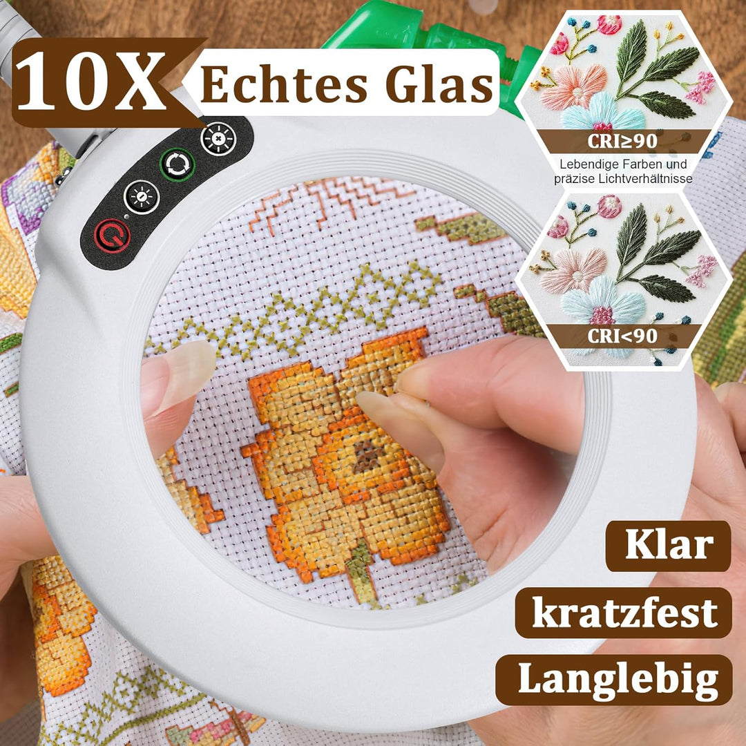 Veemagni 10X Lupe mit Licht und Klemme, Echtes Glas Lupenlampe, 5 Farbmodi Stufenlos Dimmbare, 23 Zo