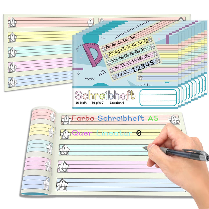 10 Stück Farbe Schreibheft A5 Quer Lineatur 0 für 1. Schuljahr Lernheft Schreiblernheft Notizbuch fü