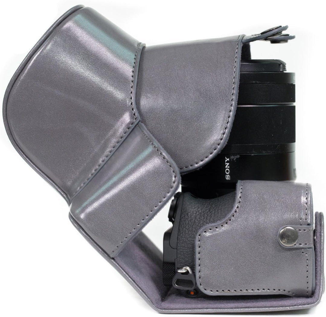 MegaGear Sony Alpha A6500 (up to 16-70mm Objektiv) Ever Ready Leder Kamera-Case mit Trageriemen und