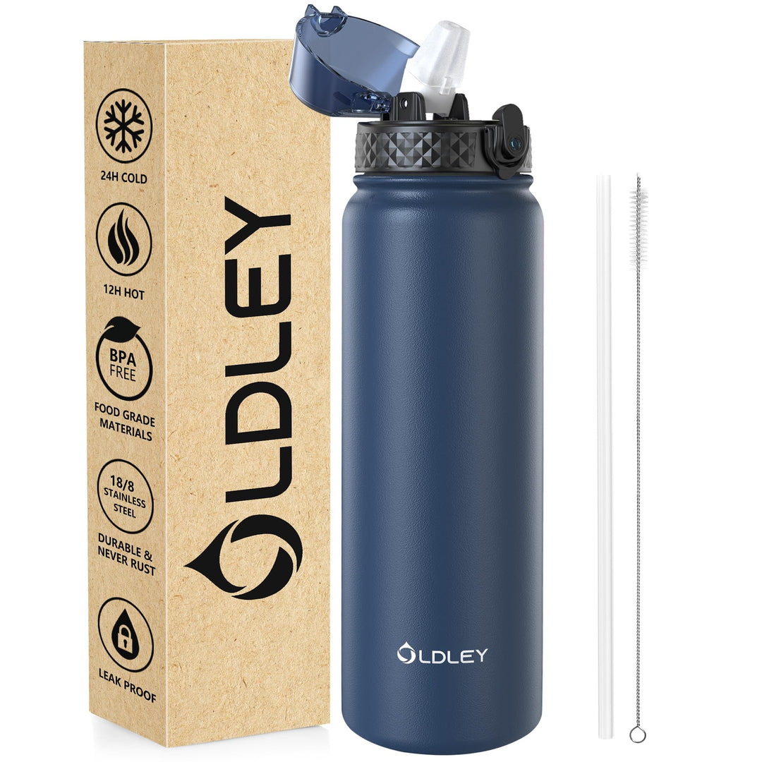 OLDLEY Edelstahl Trinkflasche mit Strohhalm, 1L Isolierte Trinkflasche, Thermosflasche BPA-freie - A