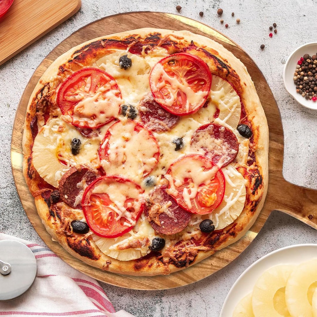 FARYODI 2 Stück 30 cm Pizzabrett Holz, Rund Pizzateller Holz, Pizza Teller Gross Schneidebrett mit G