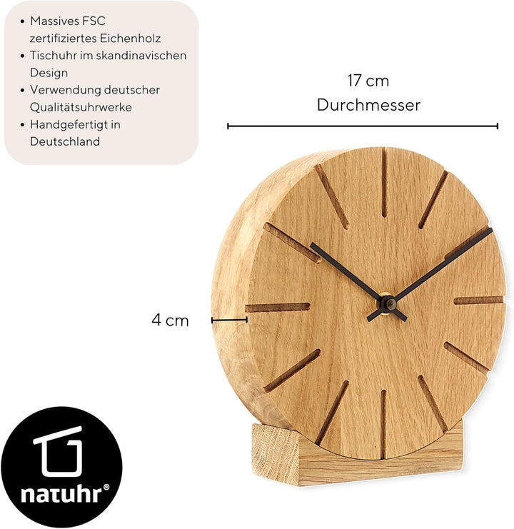 Natuhr Wanduhr Tischuhr Eiche Holz - Boom - geräuscharm Massivholz Design ø17 cm (Eiche geölt Schwar