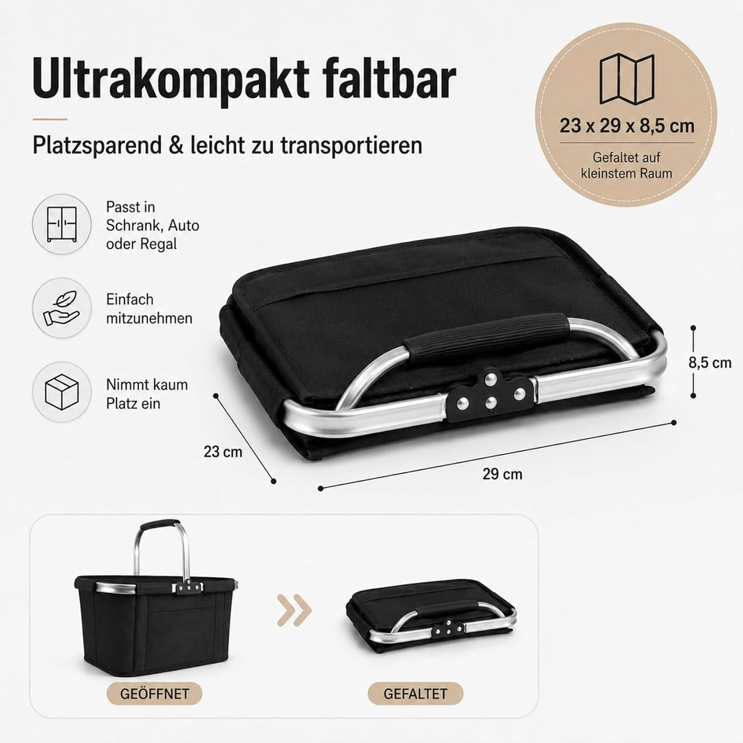 Einkaufskorb Faltbar 30L XXL, Platzsparender Klappkorb mit Edelstahlrahmen & 300D Oxford, Ideal für